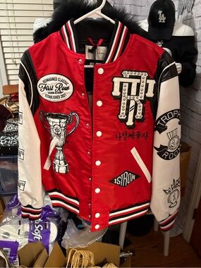 Red and Black Varsity Jacket with White Stripe Trim